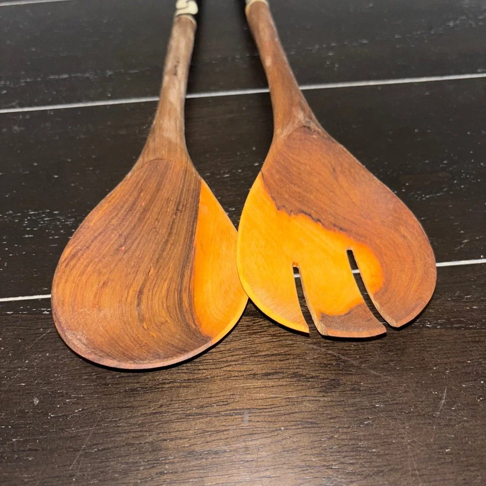 Artisan Wood Salad Servers‎ | Set of two| Black & White | Wood Serving Utensils